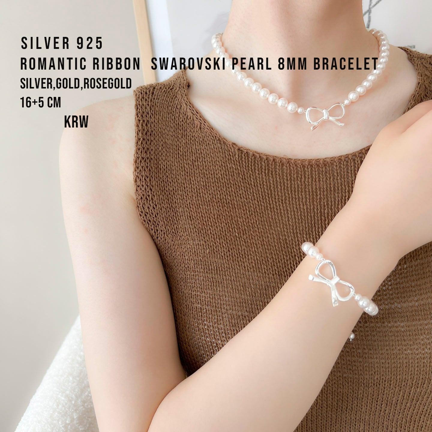 [送料無料][925 Silver]スワロフスキーパールリボンブレスレット