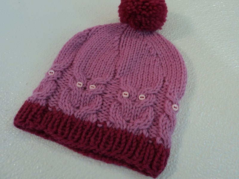 Handcrafted Knitted Baby Hat Pink/Cranberry Pom Pom 100% Wool Female 6-12 months -- New No Tags