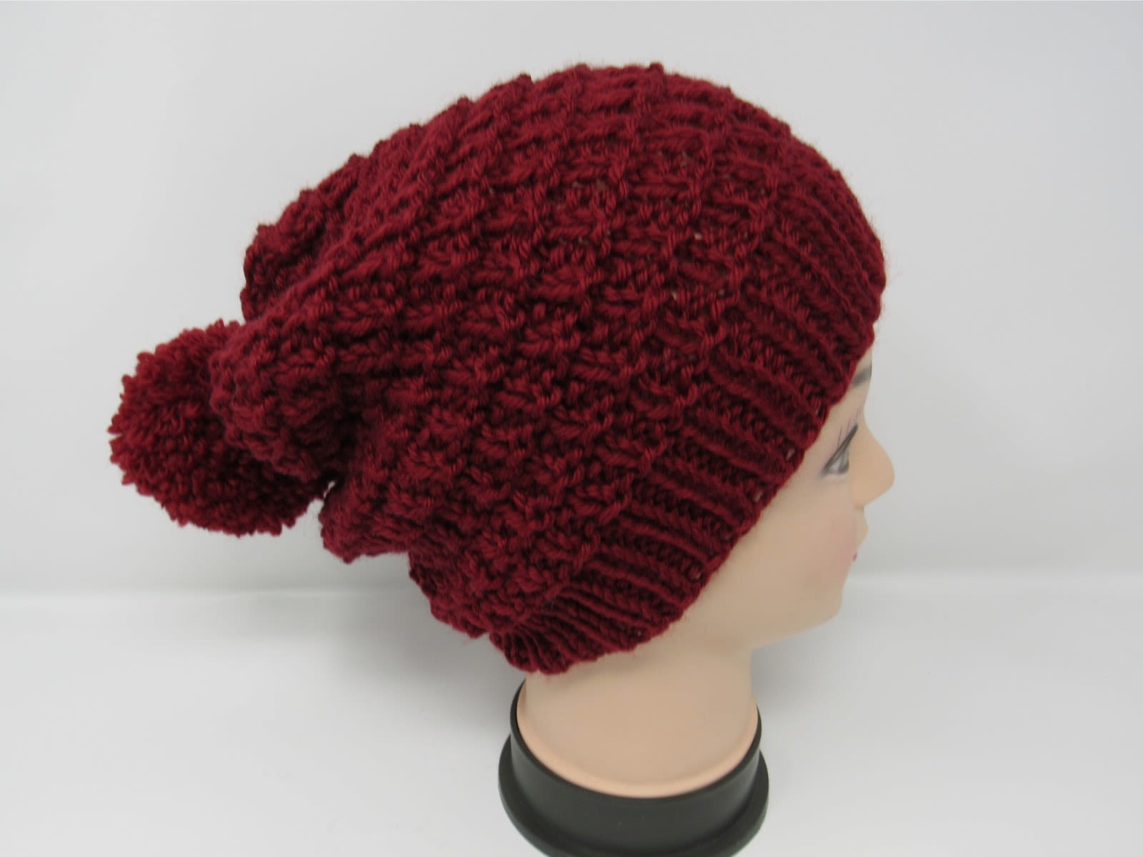 Handcrafted Knitted Hat Beanie Red Pom Pom 100% Superwash Wool Female Adult -- New No Tags