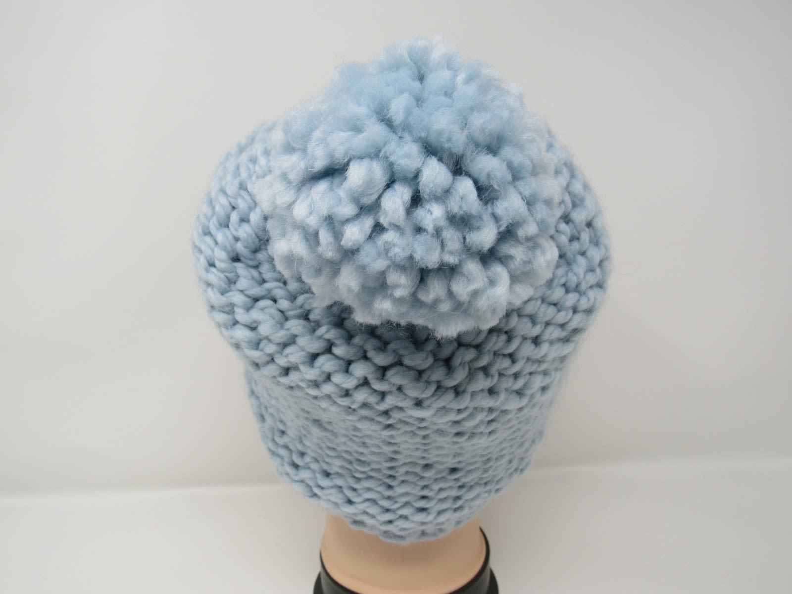 Handcrafted Knitted Hat Beanie Light Blue Owl Acrylic Wool Pom Pom Female Adult -- New No Tags