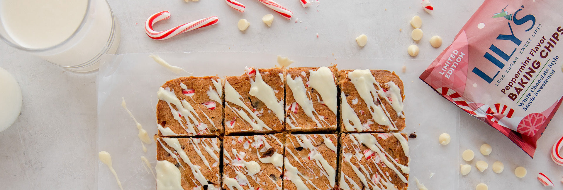 Lily's Peppermint Blondies with Lily's Peppermint Chips in background.