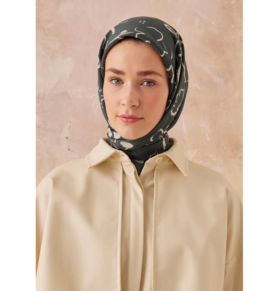 Patterned Viscose Cotton Square Hijab - Olive Branch Green