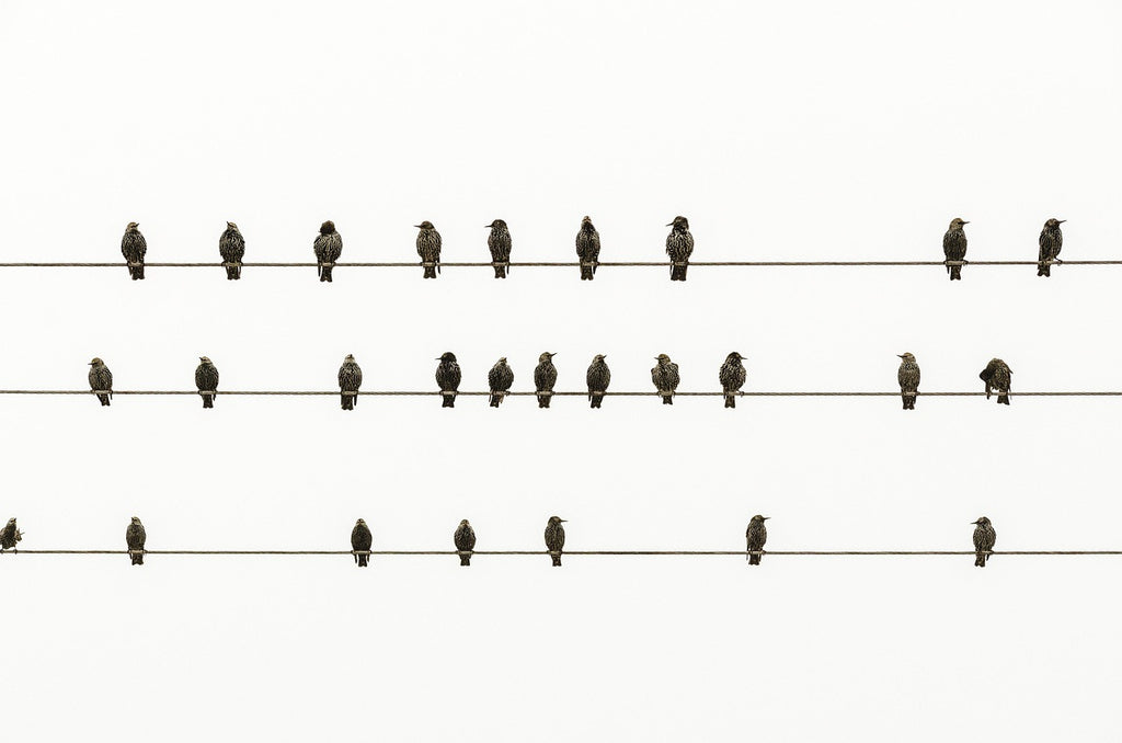 A bunch of birds on wires