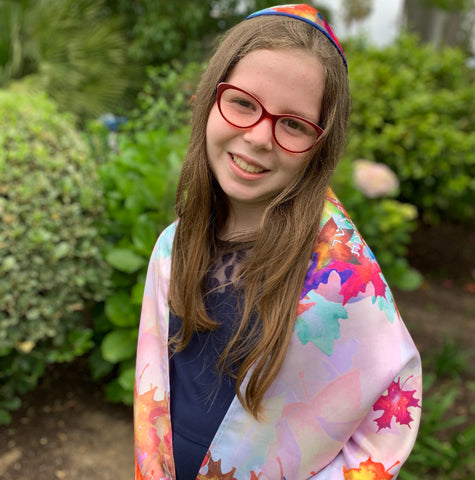 Alma wearing Fall Leaves Tallit and Kippah