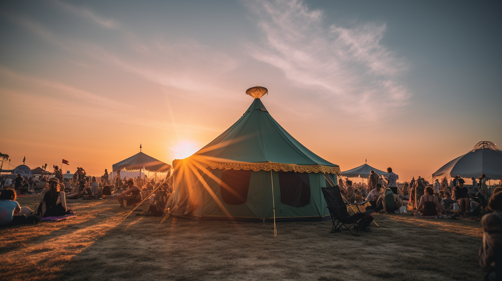 music festival tents at campout fest during sundown
