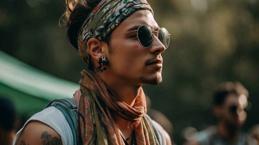 a man wears music festival accessories including bandana, scarf, sunglasses, and jewelry