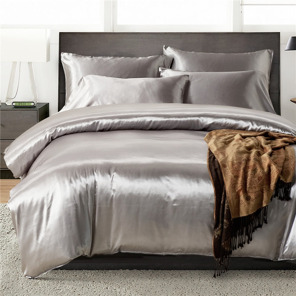 2pcs 3pcs 4pcs Nordic Style Silk Bedding Set Queen Size Satin Grey