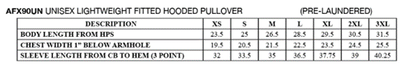 Lightweight Unisex Pullover Size Chart