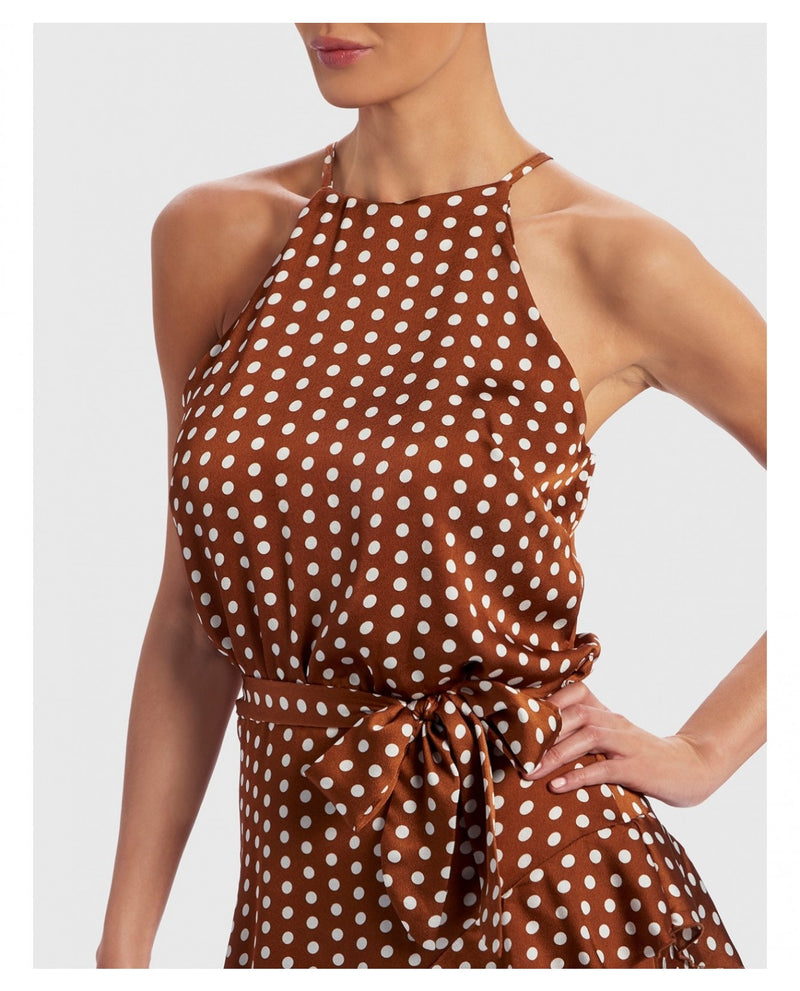 tan dress with white polka dots