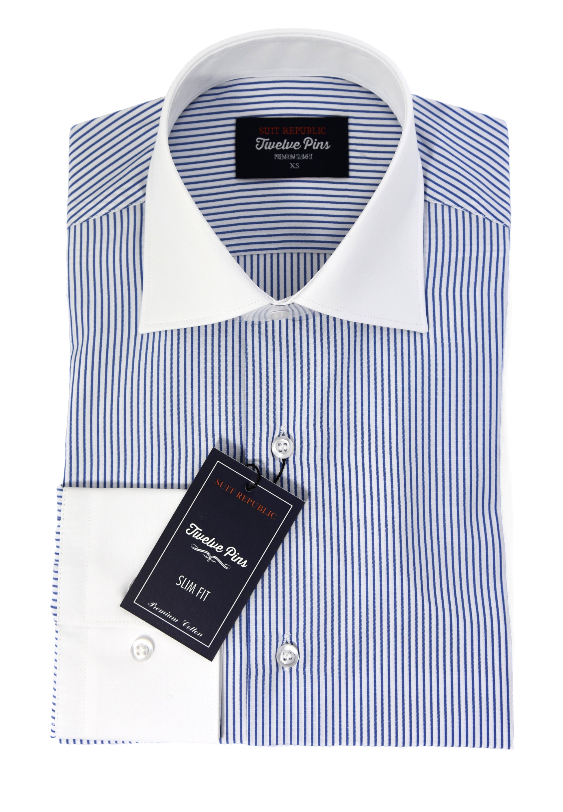 Bencullagh: Navy Stripe & White Collar Slim Fit Shirt – Suit Republic