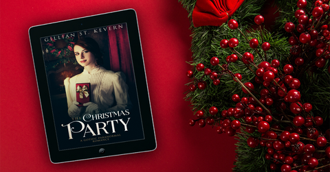 The Christmas Party in an e-reader with a red background and holly with bright red berries and dark green leaves on the right