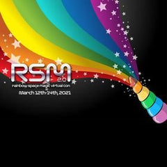 A rainbow coloured unicorn horn emits a beautiful stream of sparkly rainbow colours against a black background. The Rainbow Space Magic logo is superimposed over the image.