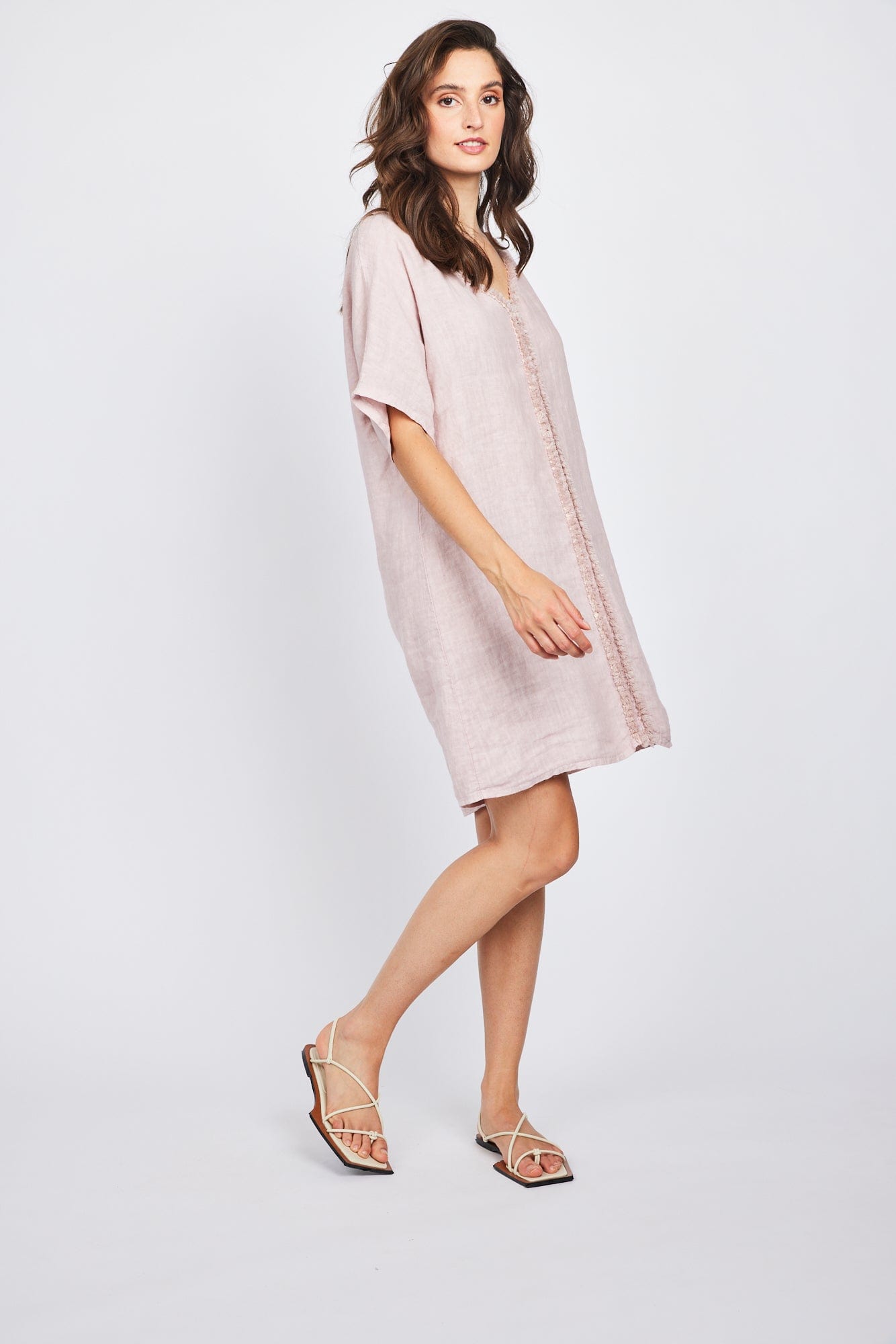 Pistache Caftan Linen Dress with Trimming