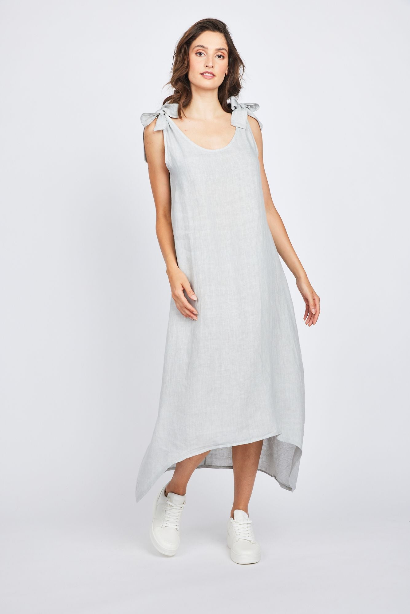 Pistache High Low Linen Dress with Bow Straps