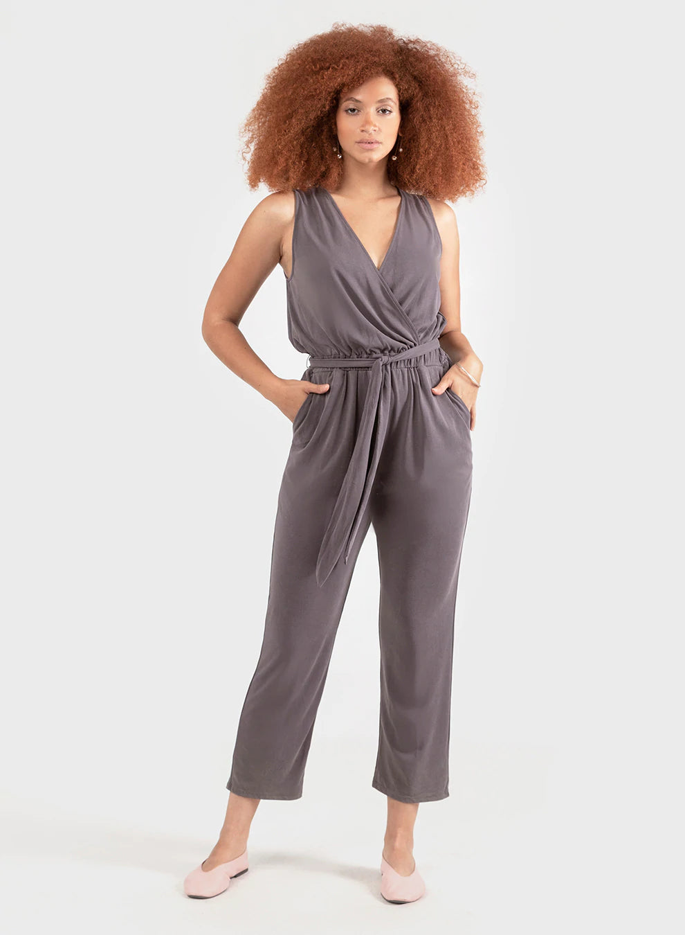 Dex Sueded Jersey Belted Wrap Jumpsuit