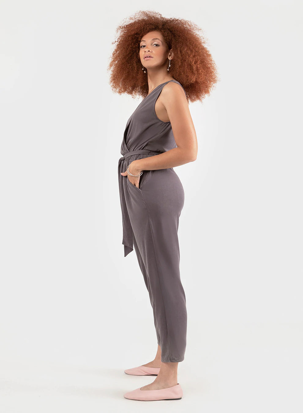 Dex Sueded Jersey Belted Wrap Jumpsuit