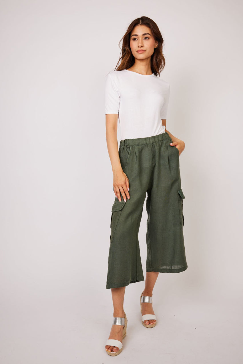 Pistache Cropped Linen Cargo Pant