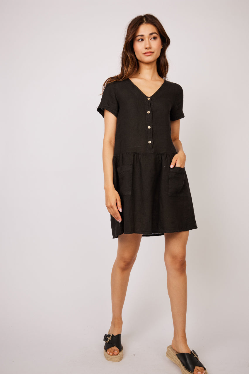 Pistache Short Sleeve Linen Dress w/ Button Top and Patch Pockets