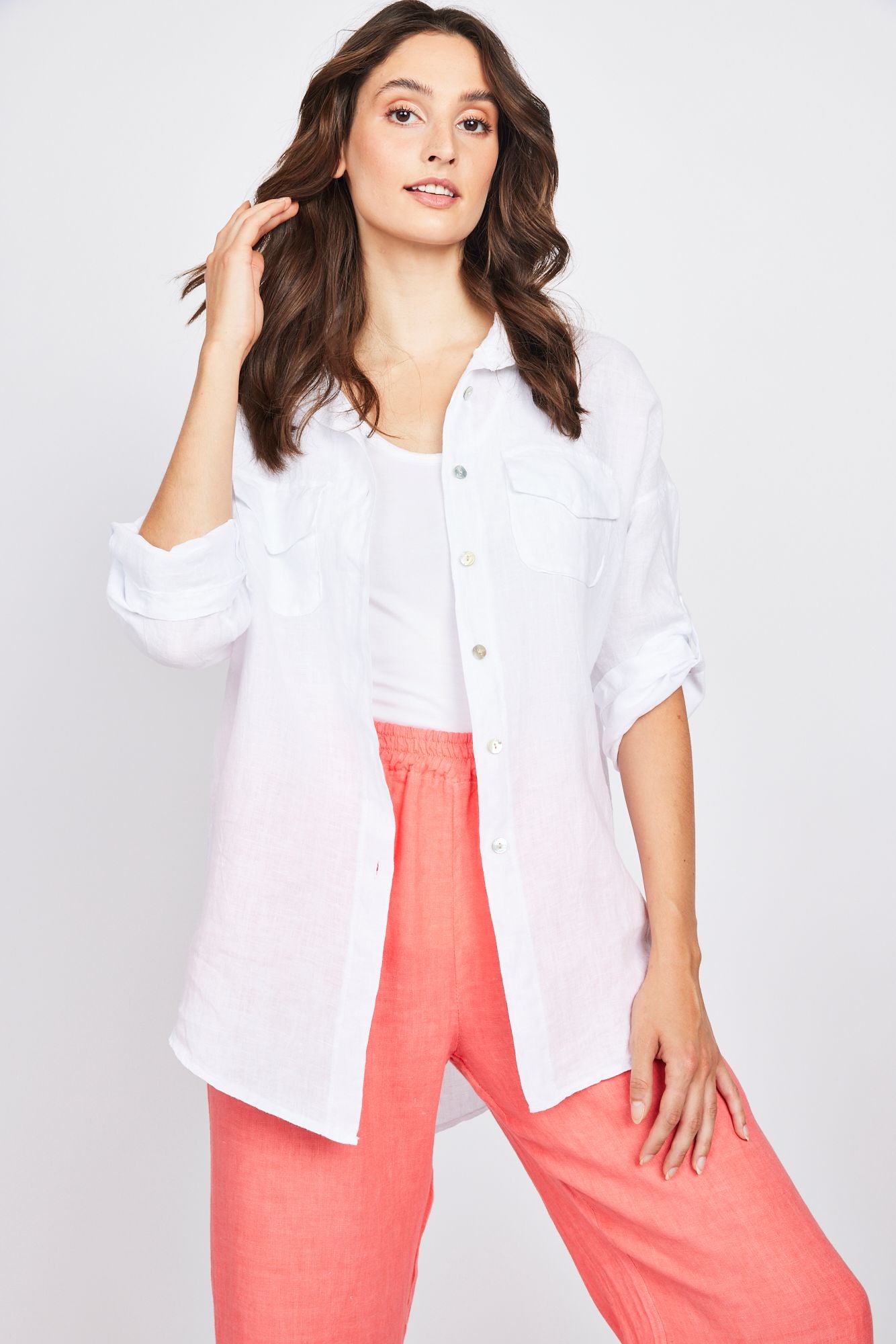 Pistache Double Pocket Linen Blouse