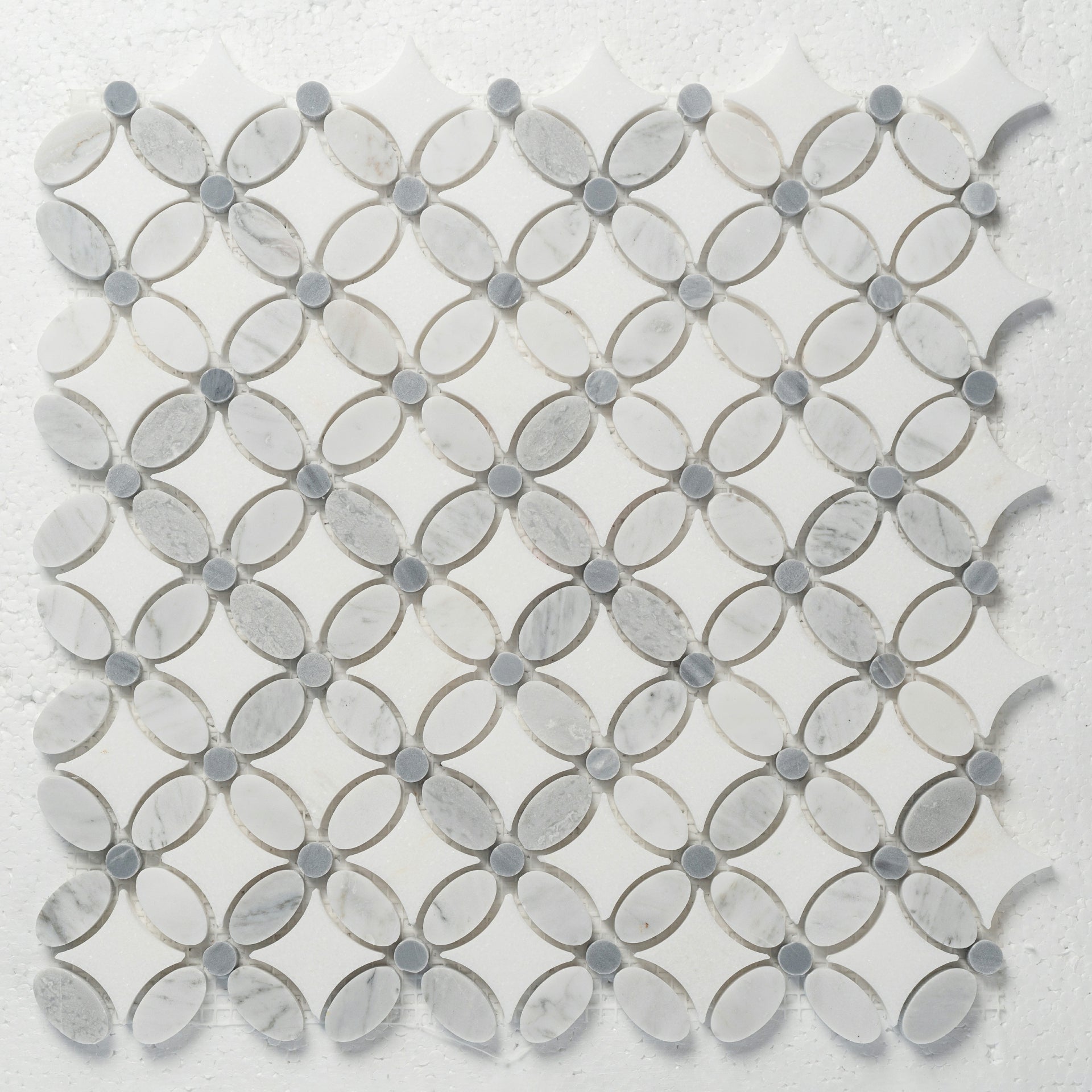12 X 12 in. Bianco Carrara Thassos Blue Tulip Flower Gray Polished Marble Mosaic Tile