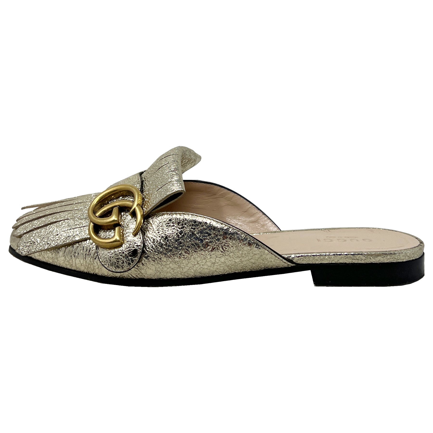 Gucci Marmont Gold Foiled Leather Fringe Loafer Mules Size EU  – The  Global Collective Co.