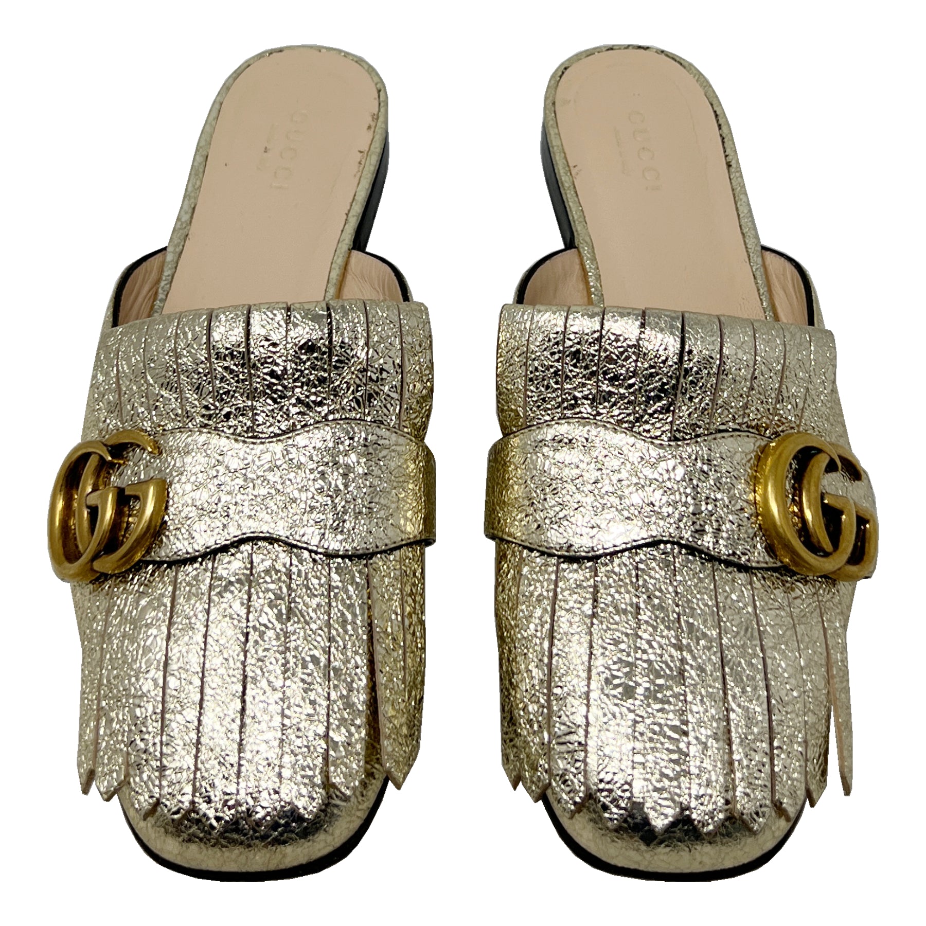 Gucci Marmont Gold Foiled Leather Fringe Loafer Mules Size EU  – The  Global Collective Co.