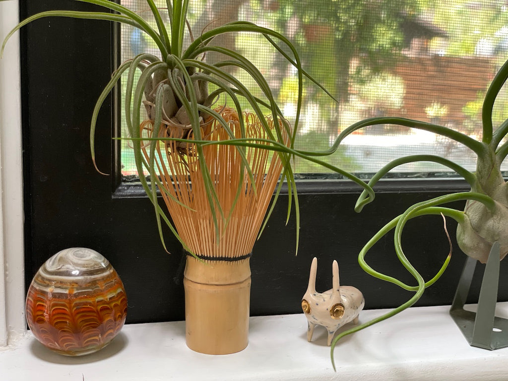 Air plants and little statues in a kitchen window.
