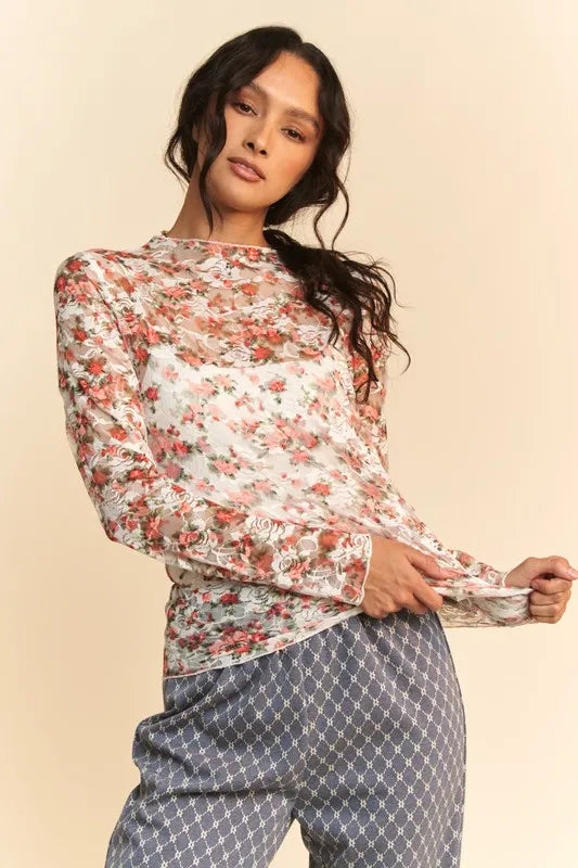 Davi & Dani Floral Print Mesh Long Sleeve Layering Top