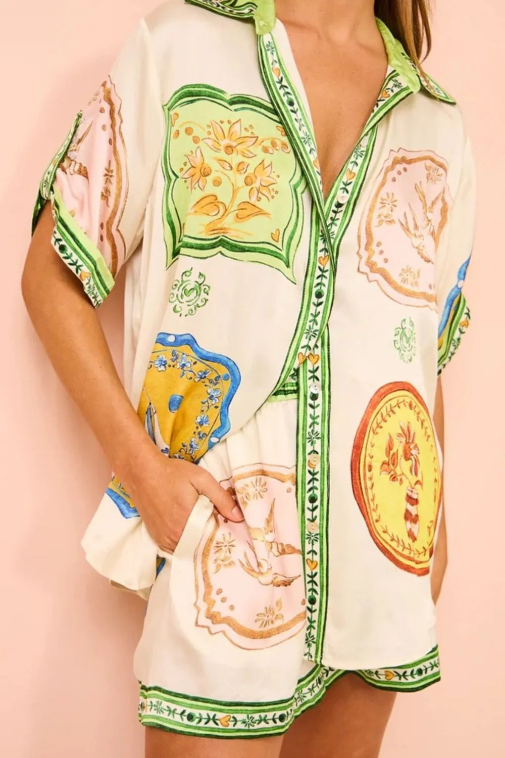 Printed Short Sleeve Button Down Top and Shorts Set