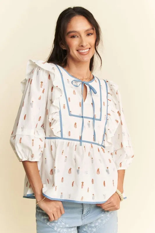 Davi & Dani Cactus Conversational Denim Binding Bodice Blouse