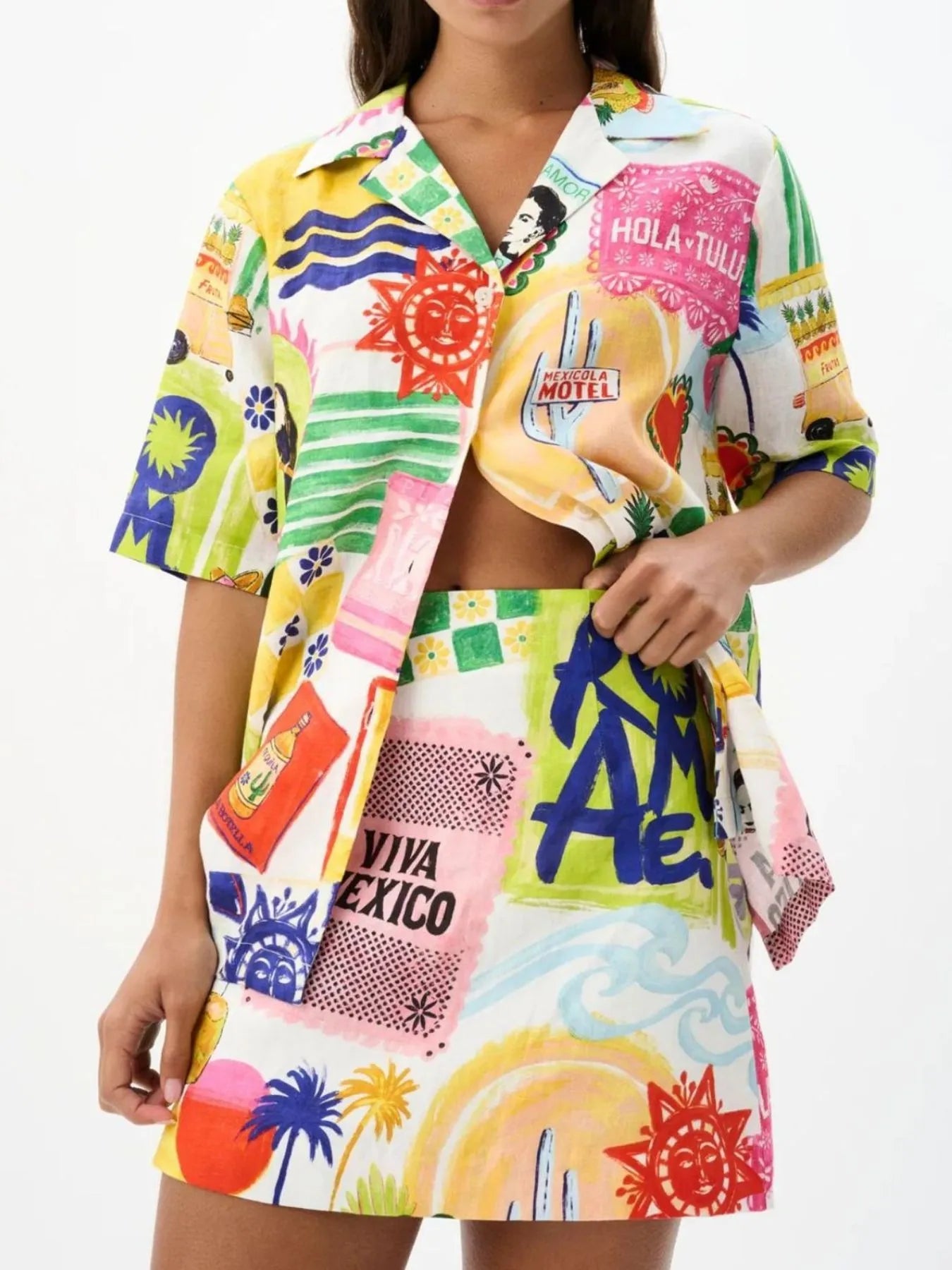 Printed Button Up Shirt and Skirt Set
