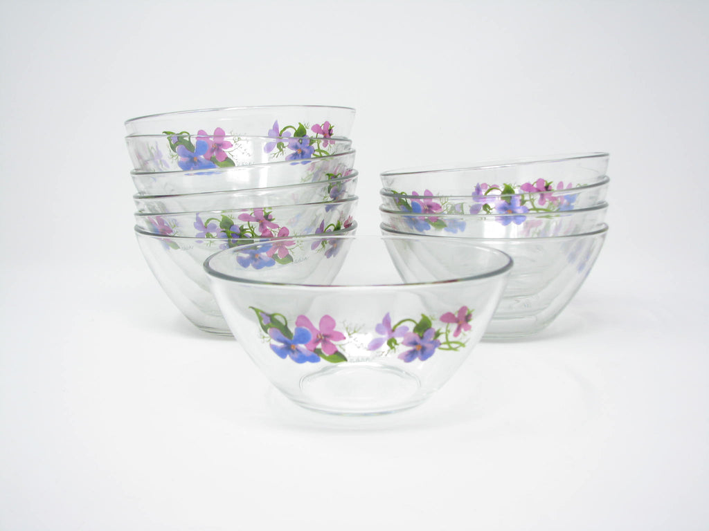 Vintage 1980s Arcoroc France Wild Violets Glass Bowls Set Of 10 Edgebrookhouse