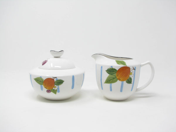 Vintage Mikasa Sunshine Harvest Creamer and Sugar Bowl with Stripes and Fruit - 2 Pieces