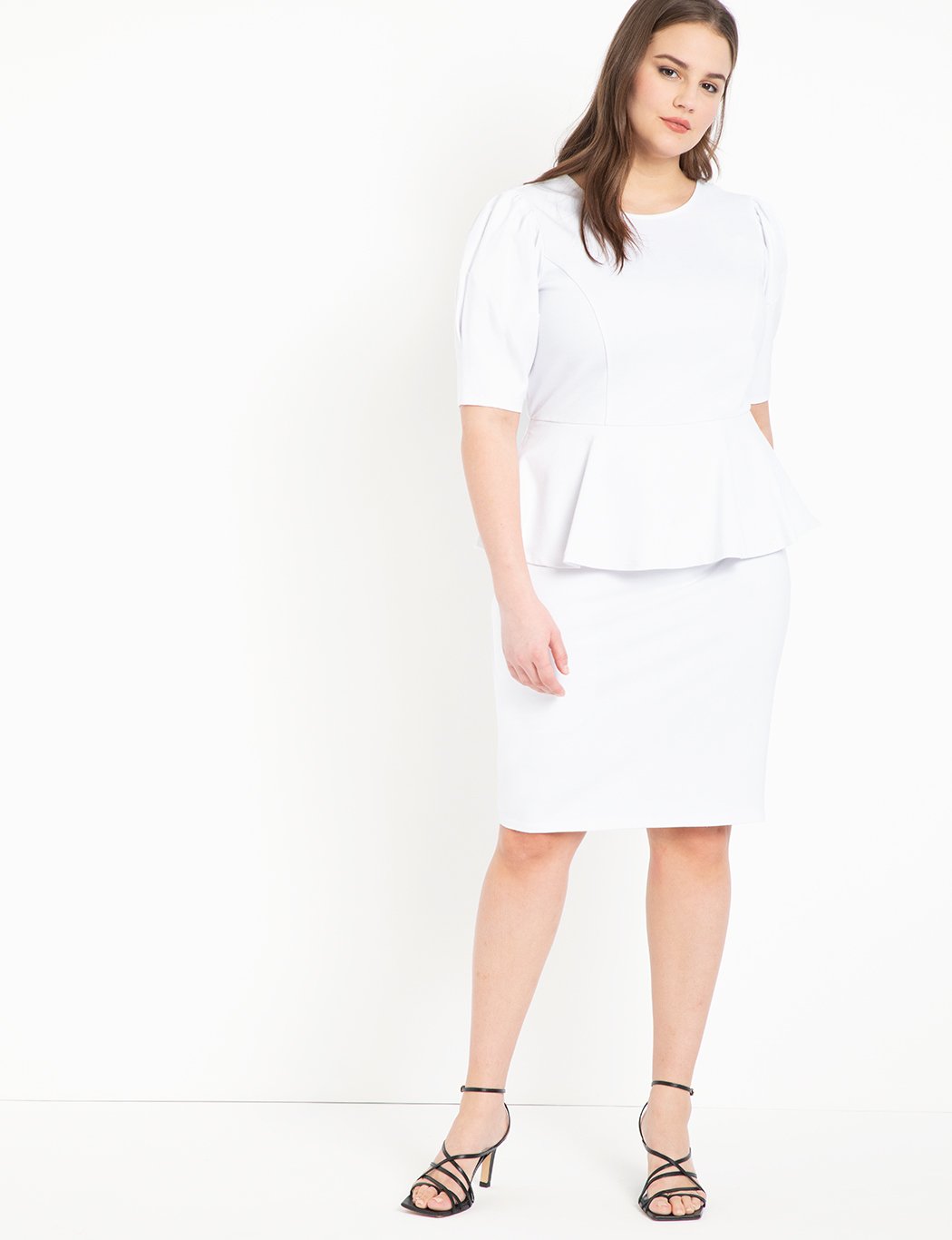 Puff Sleeve Peplum Dress in True White | Eloquii | Gwynnie Bee Subscription