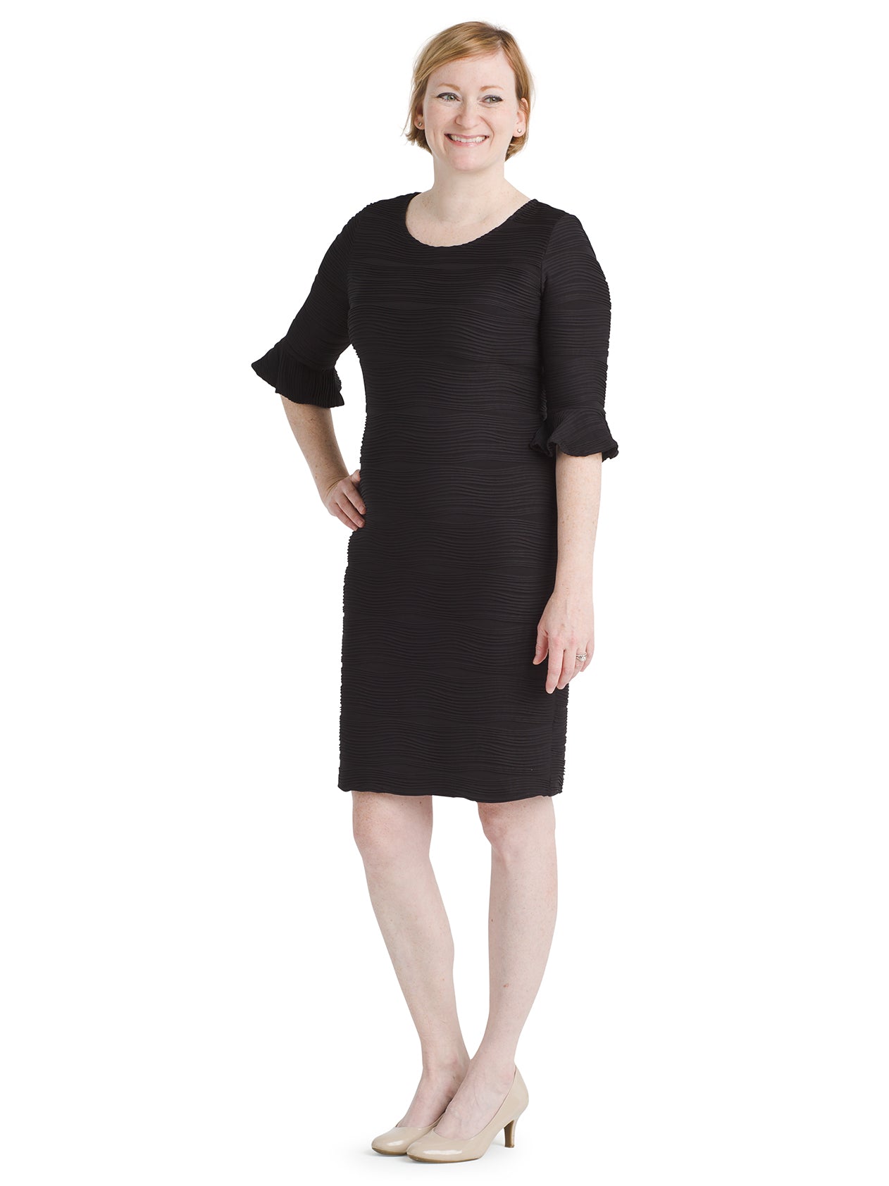 black sheath dress with bell sleeves