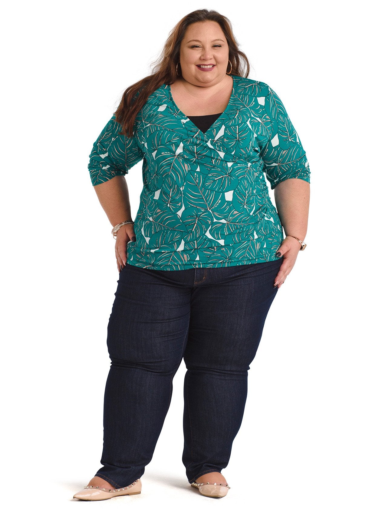 Women's Plus Size Green Faux Wrap Top