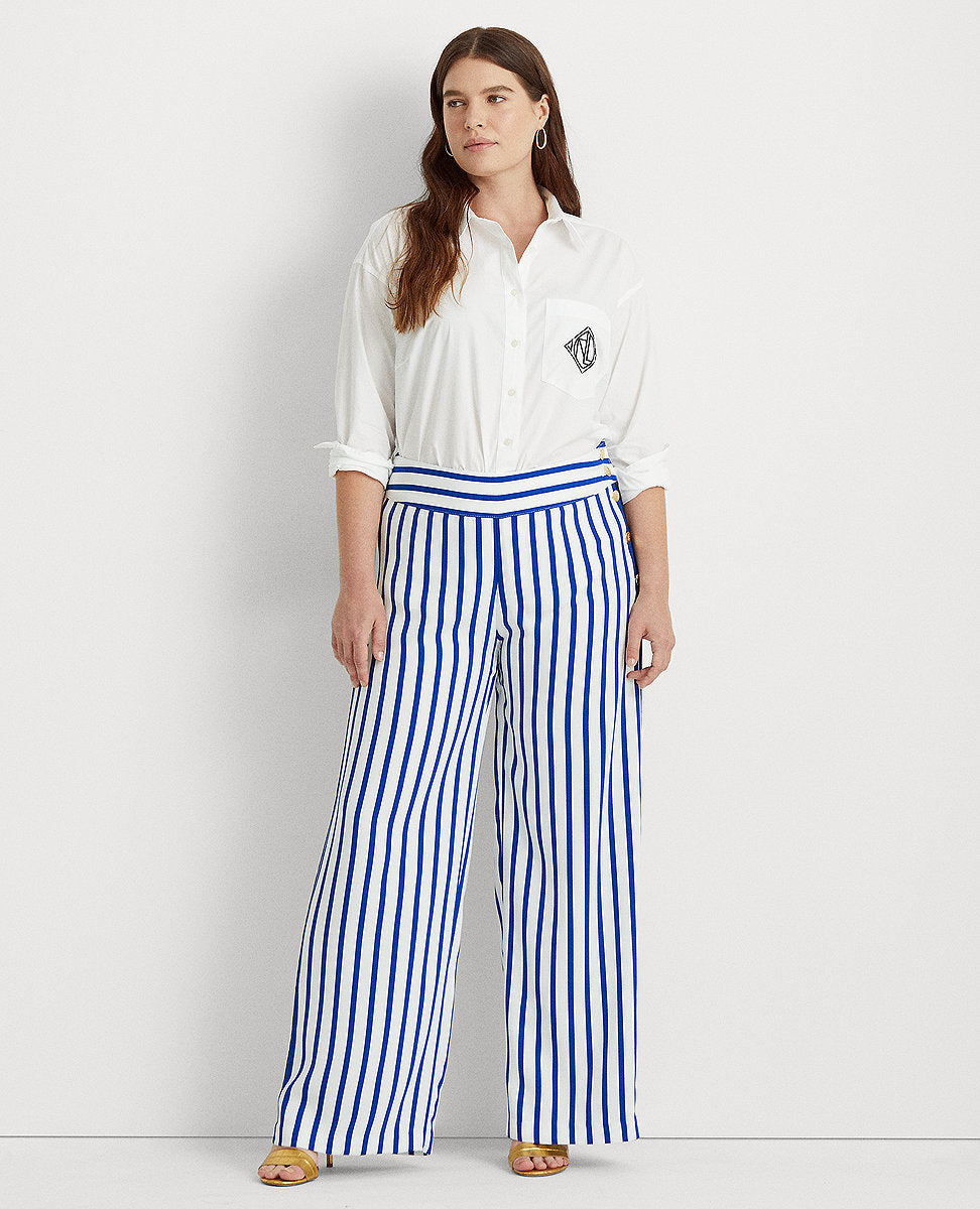 Striped Wide Leg Linen Pants With Self Belt in Light Blue Multi, VENUS