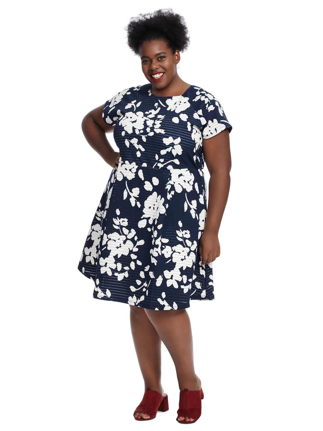 navy floral fit and flare dress