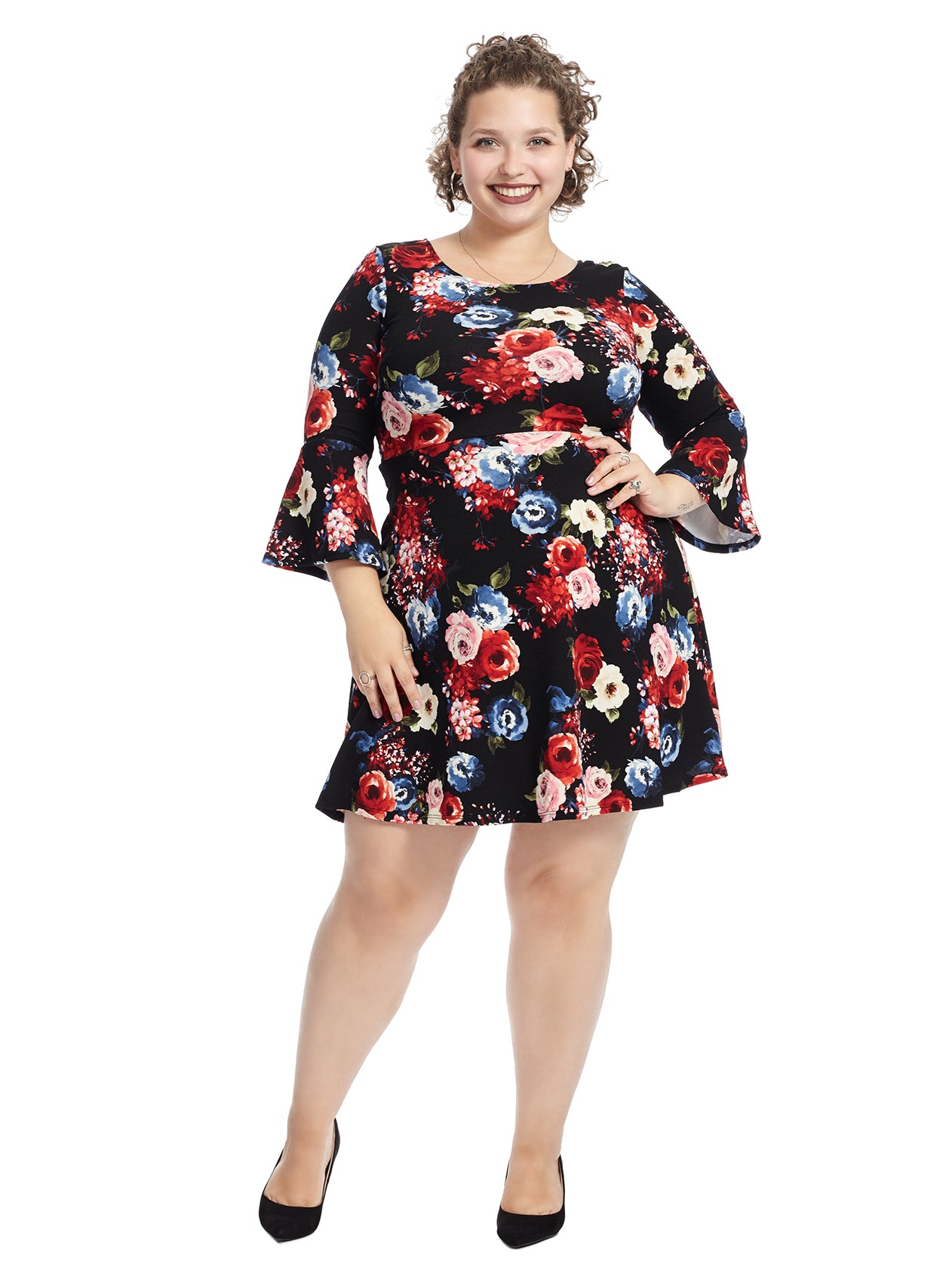 black floral dress with bell sleeves