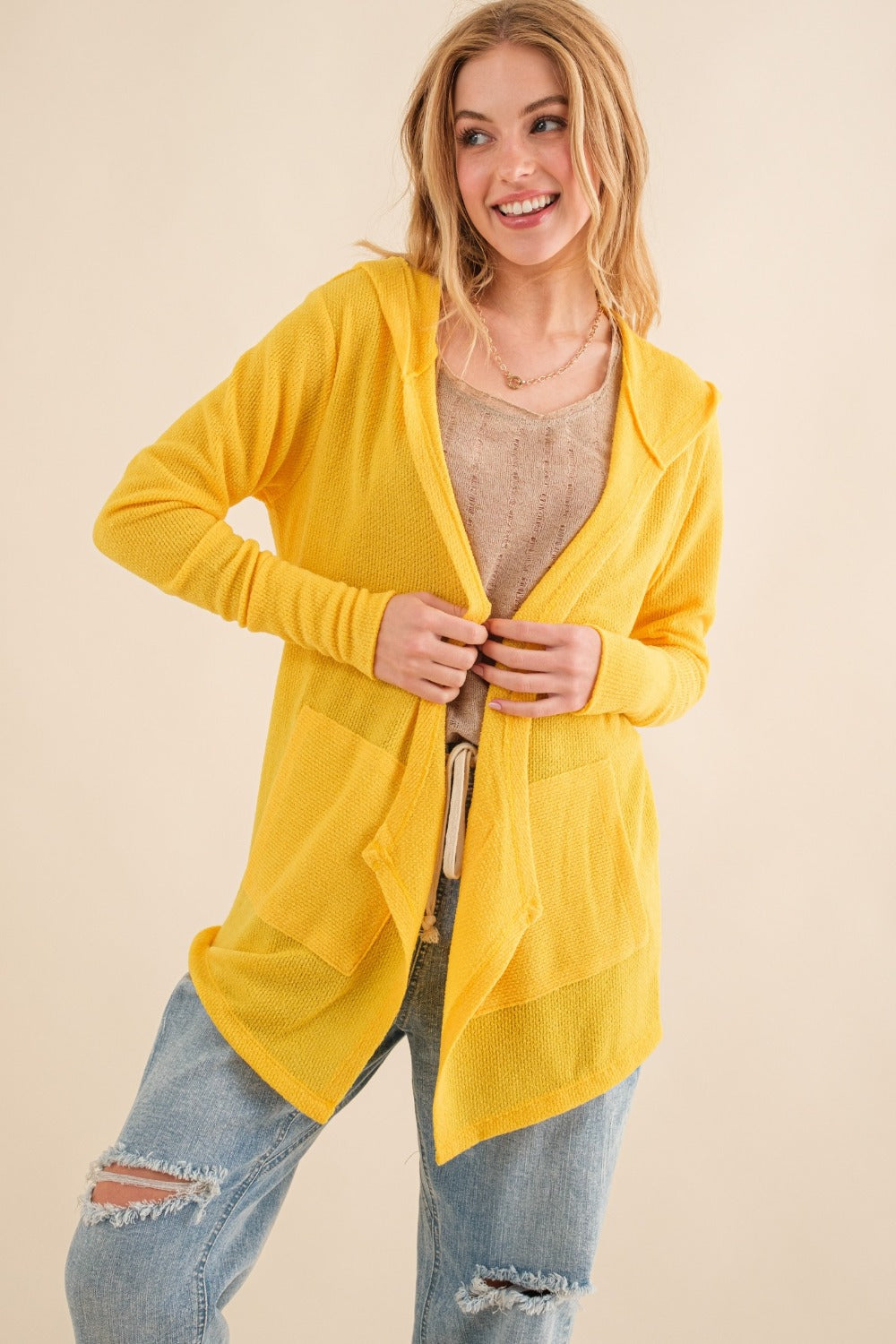 And The Why Thermal Hooded Open Front Cardigan with Pockets