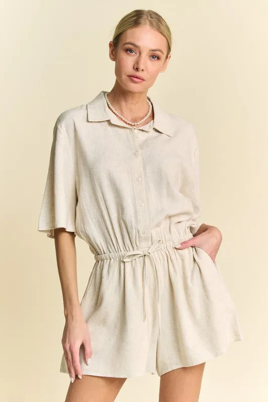 Davi & Dani Drawstring Waist Button-Down Shirt Romper