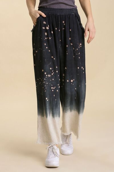 Umgee Raw Hem Linen Blend Bleach Dip Dye Wide Leg Pants Plus Size