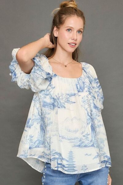 Umgee Two Tone Toile Print Top Plus Size