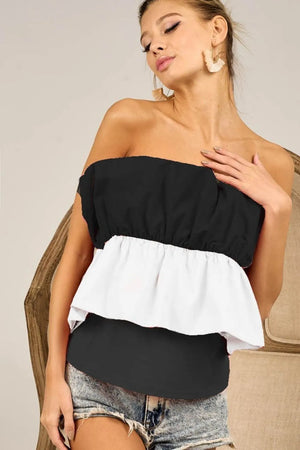 BiBi Ruffle Detailed Off Shoulder Color Block Bandeau - Butterfly Dreams Boutique 