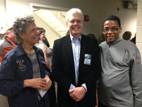 Chick Corea, Larry J Villella, and Herbie Hancock back stage on opening night of their second duet tour.