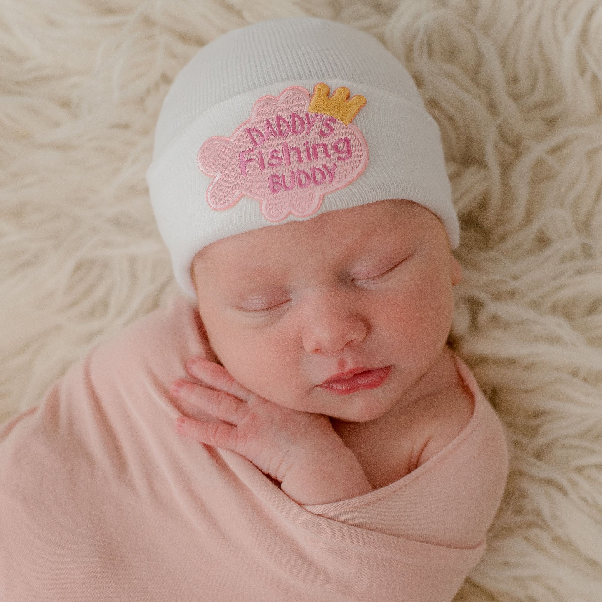 PINK Daddy's Fishing Newborn Girl Hospital Hat - White Hospital Hat Newborn  Girl- Fishing Buddy Patch (Girl or Boy)