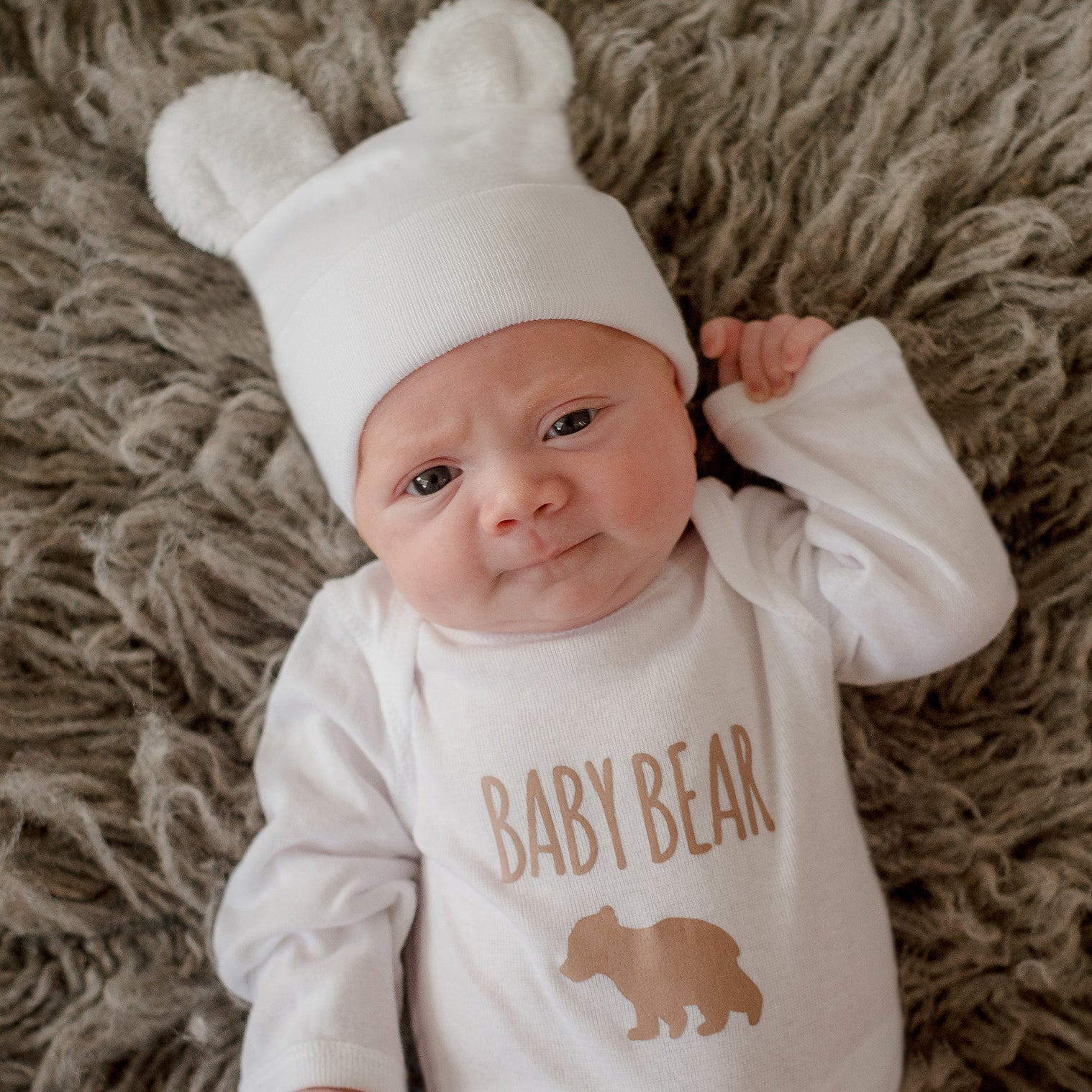 Baby Bear Fuzzy White Bear Hat with Matching Baby Bear Onesie