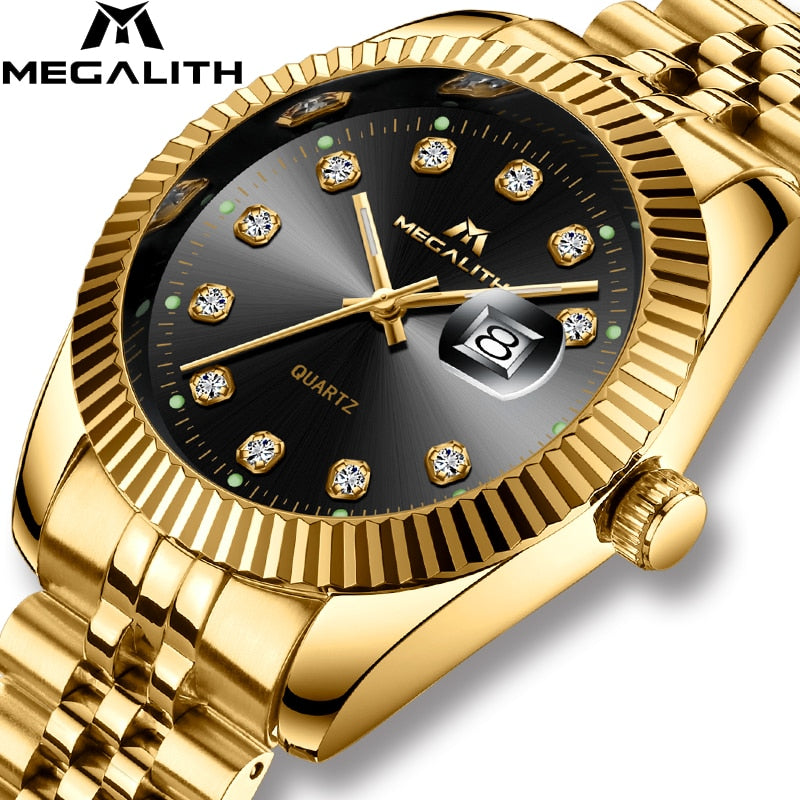 MEGALITH Luxury Watch Men Waterproof Date Analogue Gold Quartz Watches Unisex Clock Business Casual Wristwatch Relogio Masculino