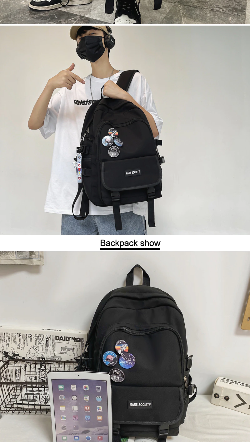 Gothslove Large Capacity Waterproof Nylon Cool Backpacks Unisex Badge Travel Bag Women Schoolbag Men Collegiate Backpack Bookbags