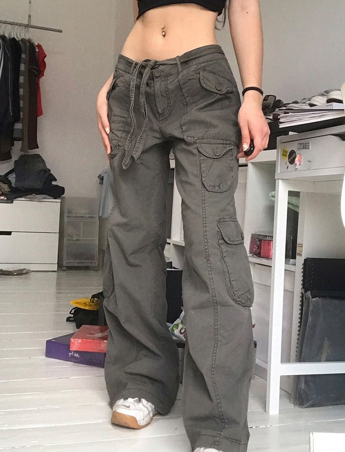 Edgy Multi Pockets Low Waist Gray Pants – Aesthetic Clothes Store